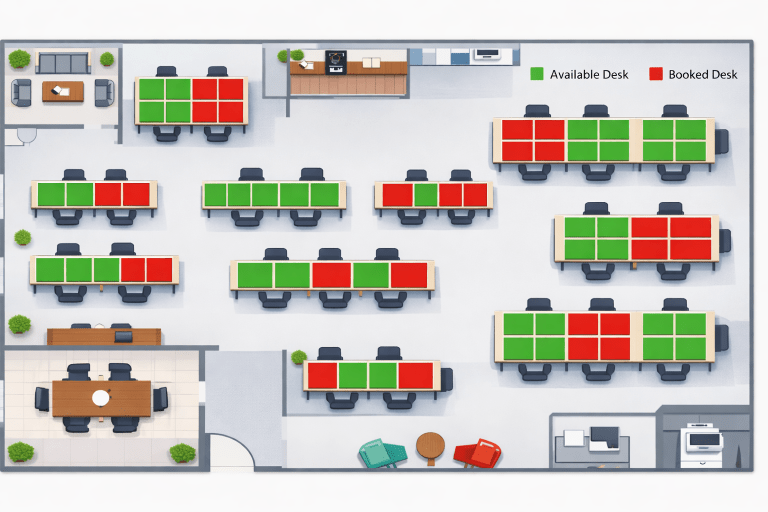 Top-down illustration of an office floor plan with desks marked as available or booked, representing real-time desk booking and space utilization in a digital twin platform.