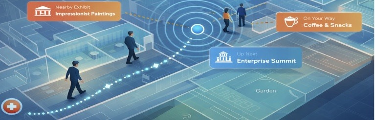 Indoor positioning map showing blue dot navigation and self-guided tour experience in a complex environment