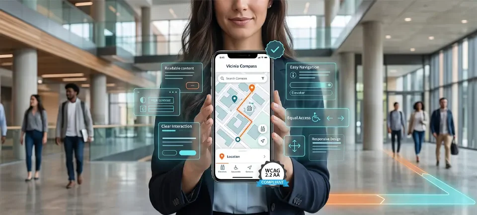 A smartphone displaying accessible digital wayfinding and WCAG compliant routes on a smart campus map.