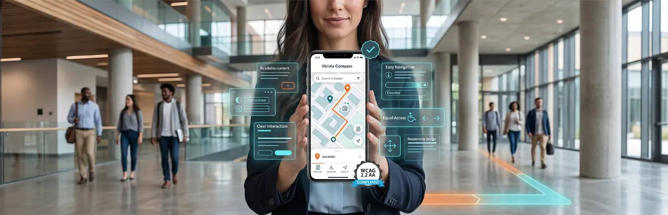 A smartphone displaying accessible digital wayfinding and WCAG compliant routes on a smart campus map.